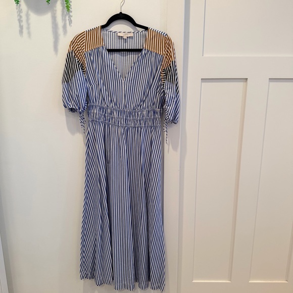 LOFT Dresses & Skirts - LOFT Striped Midi Dress Tie Puff Sleeve Blue Tan Minimalist Women's Dress MP